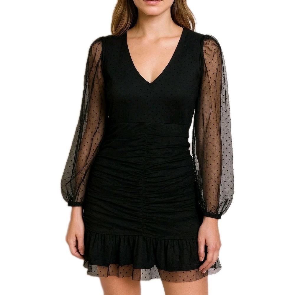 New! HYFVE Size XS LBD Black Ruched Mesh Drop Waist Whimsigoth Micro Mini‎ Dress